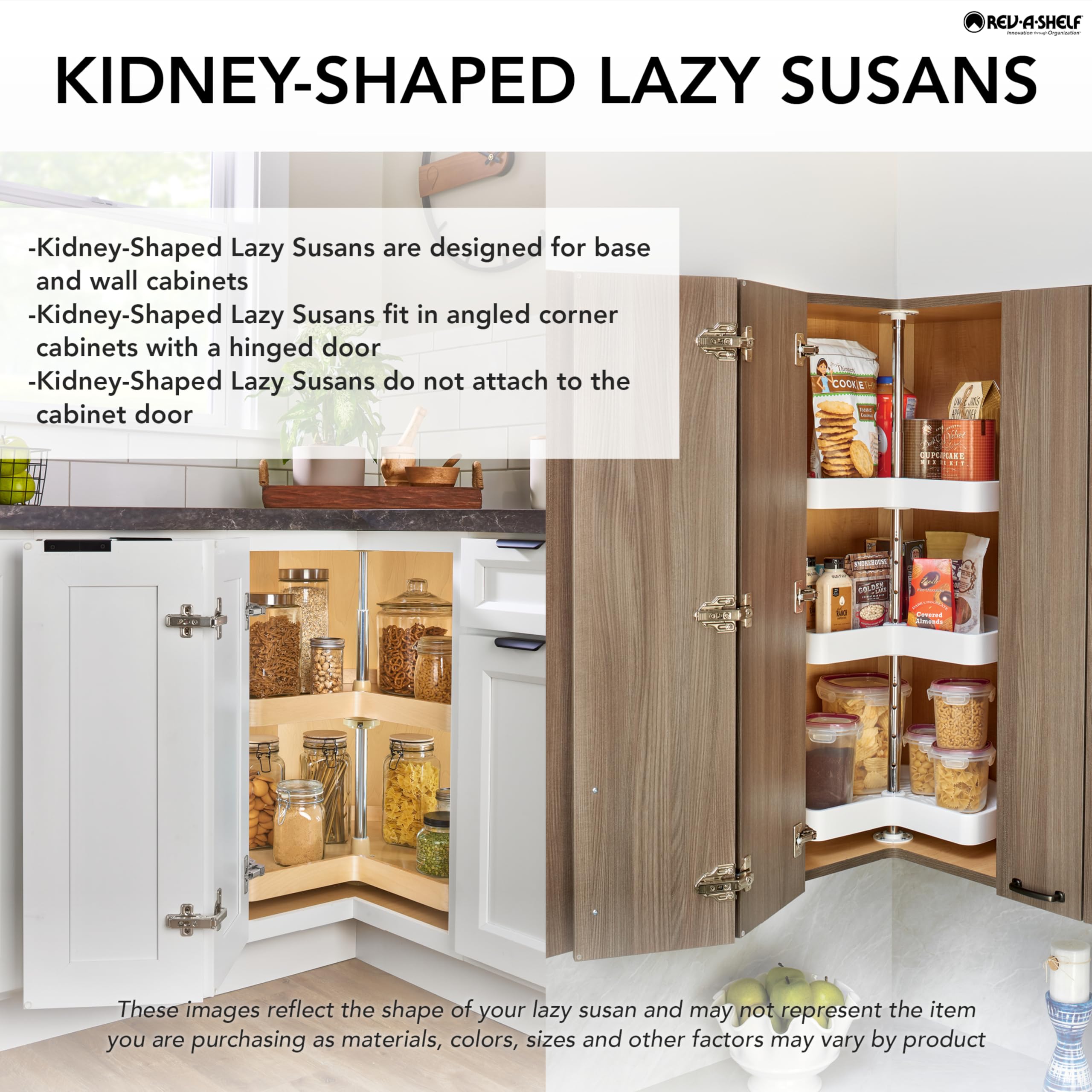 Rev-A-Shelf Dual Shelf Kidney-Shaped Lazy Susan Organizer for Corner Base Kitchen Cabinets, Rotating Turntable Storage Wire Trays, Chrome, 5472-28 CR - Image 3