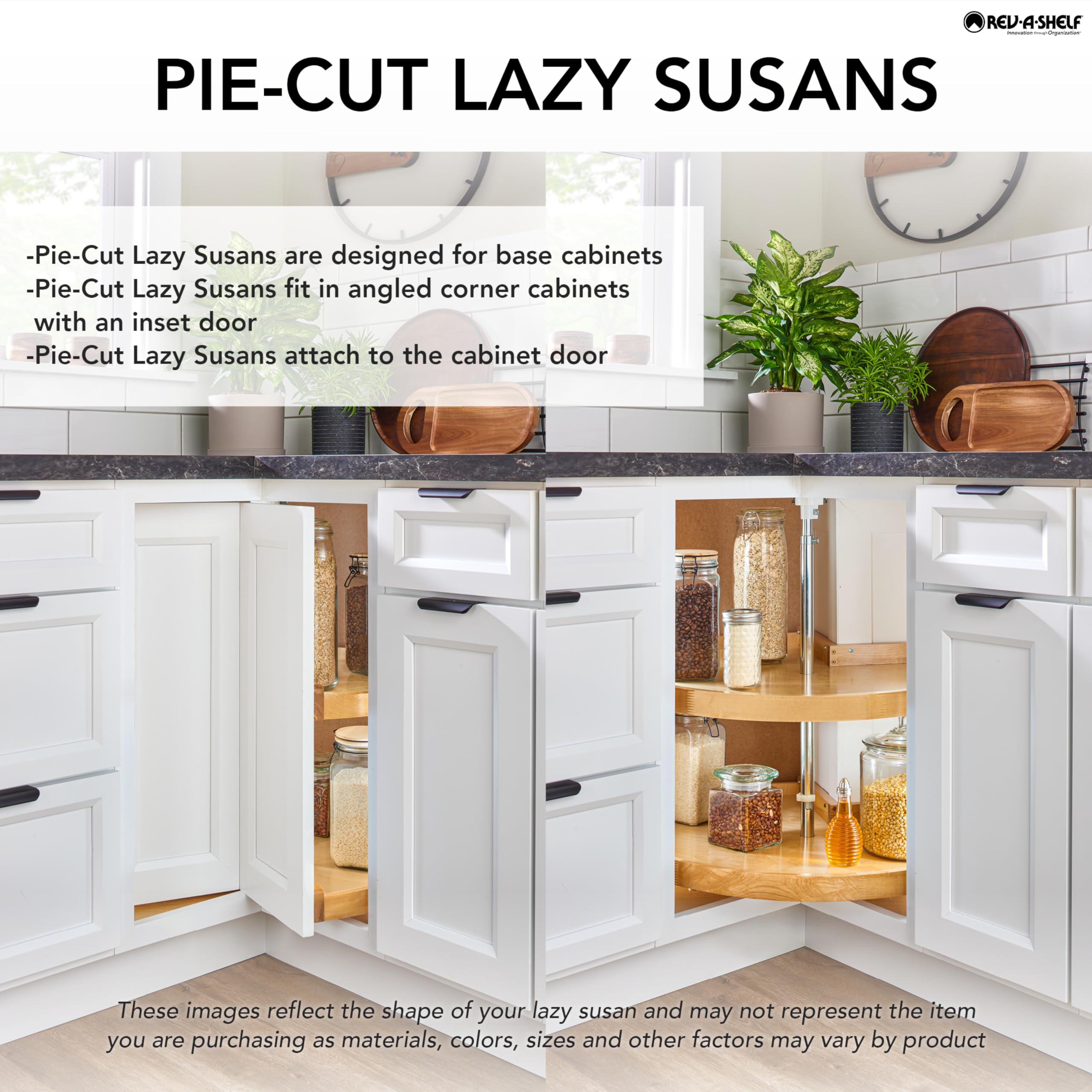 Rev-A-Shelf 24" Pie-Cut Dual Tier Lazy Susan Organizer for Corner Base Kitchen Cabinets, Plastic Home Rotating Storage Shelves, White, 2942-24-11-1 - Image 3