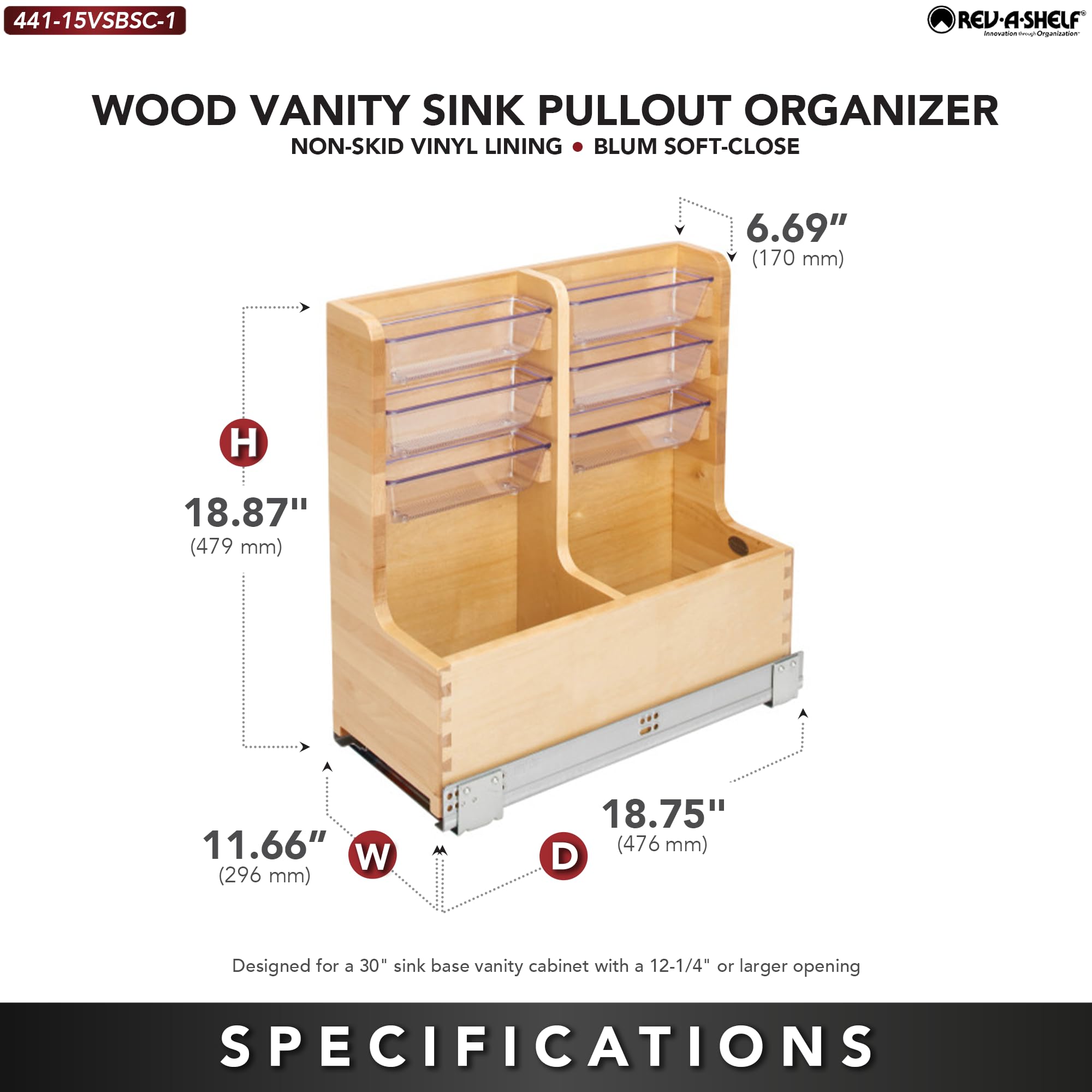 Rev-A-Shelf 30" Wood Vanity Sink Pull Out Organizer Cabinet Storage with Soft-Close for Kitchen or Bathroom, Maple Wood, 441-15VSBSC-1 - Image 3