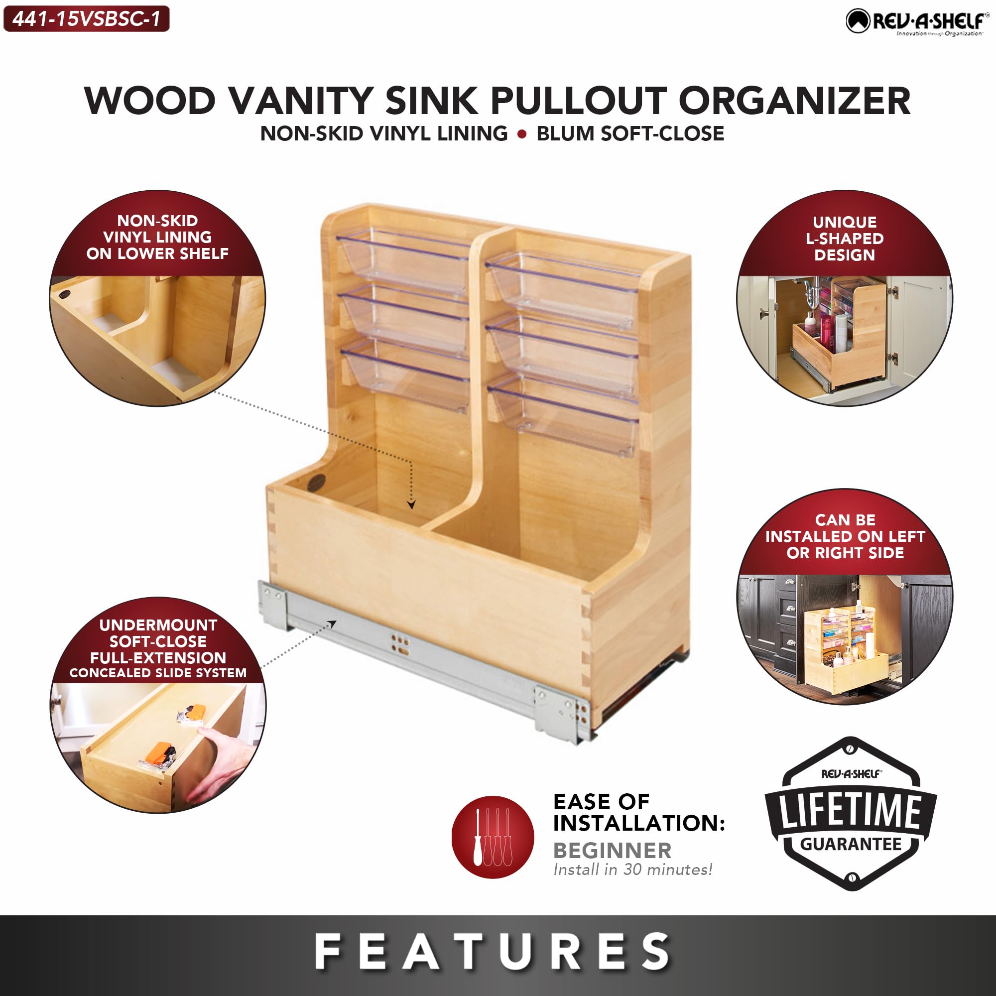 Rev-A-Shelf 30" Wood Vanity Sink Pull Out Organizer Cabinet Storage with Soft-Close for Kitchen or Bathroom, Maple Wood, 441-15VSBSC-1 - Image 4