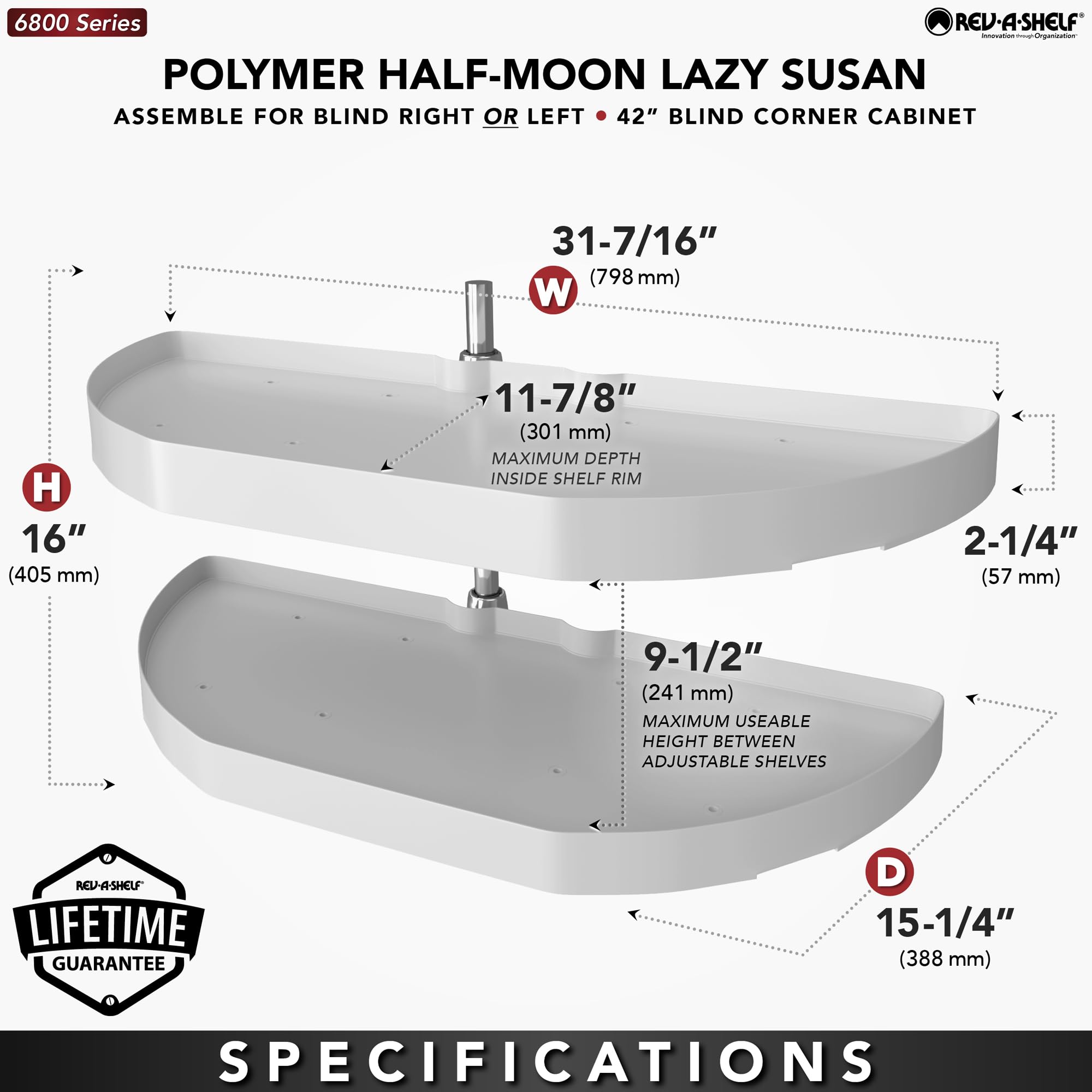Rev-A-Shelf 31” Pull Out Half Moon Lazy Susan Shelf Sliding Organizer w/Hardware for Blind Corner Kitchen or Bathroom Cabinets, White, 6882-31-11-570 - Image 3