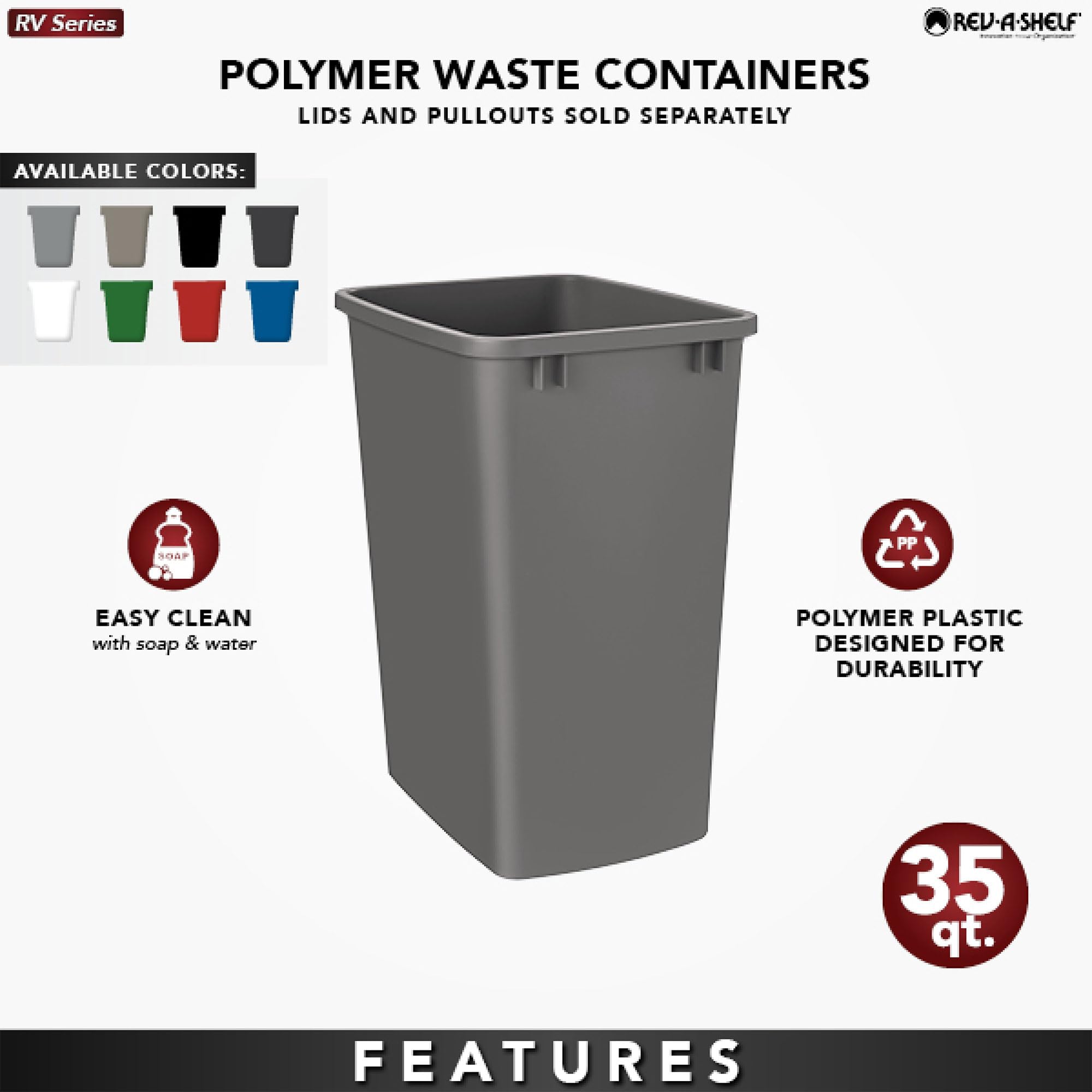 Rev-A-Shelf 2-Pack 35 Quart Polymer Replacement Trash Bin, Recycle Waste Garbage Container for Kitchen Cabinet Pullouts, Black, RV-35-18-2 - Large Plastic Bins for Home and Office - Image 5