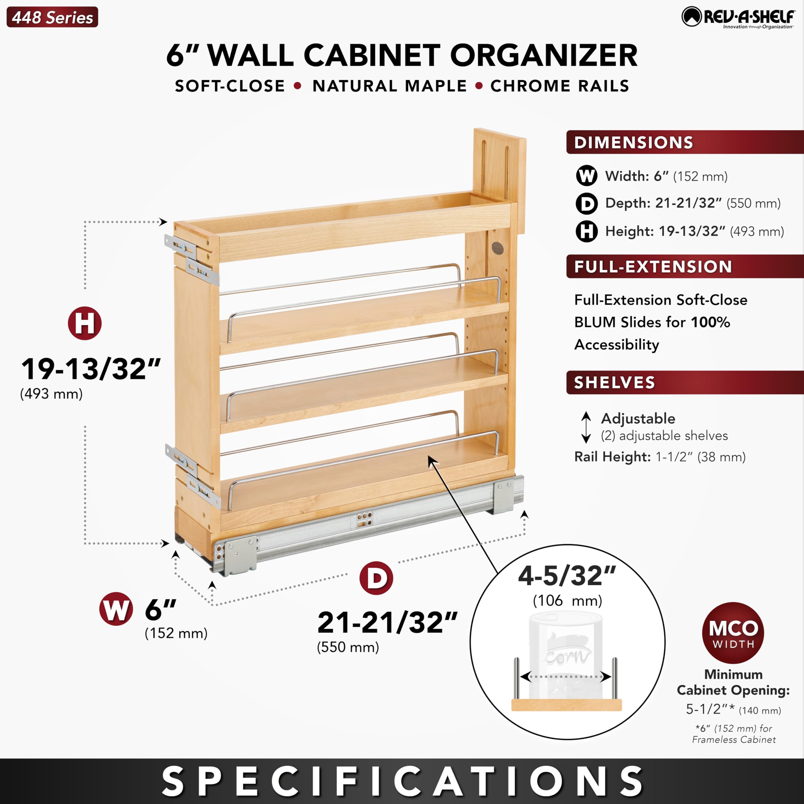 Rev-A-Shelf 5" Pullout Storage Organizer for Base Kitchen/Bathroom Cabinets, Spice Rack/Pantry Shelves with Soft-Close Slides, Wood, 448-BDDSC-5C - Image 3
