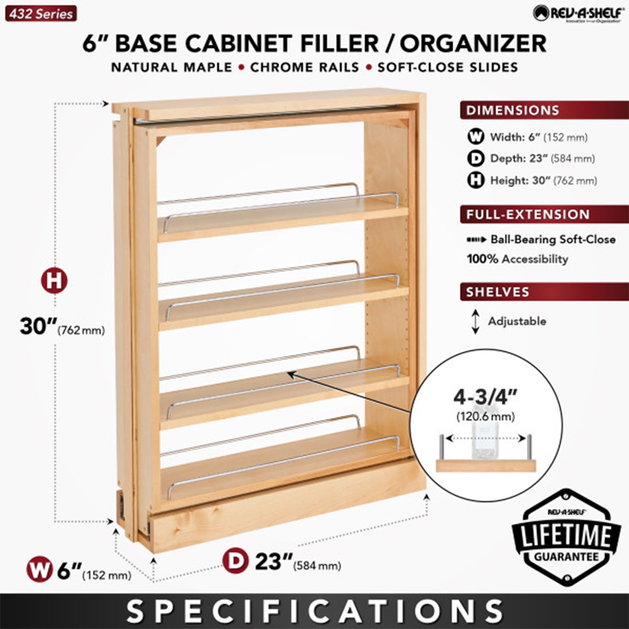 Rev-A-Shelf 6" Pull Out Shelf Organizer for Base Kitchen Cabinets, Filler Spice Rack Seasoning Storage Holder w/Soft-Close, Wood, 432-BFBBSC-6C - Image 3