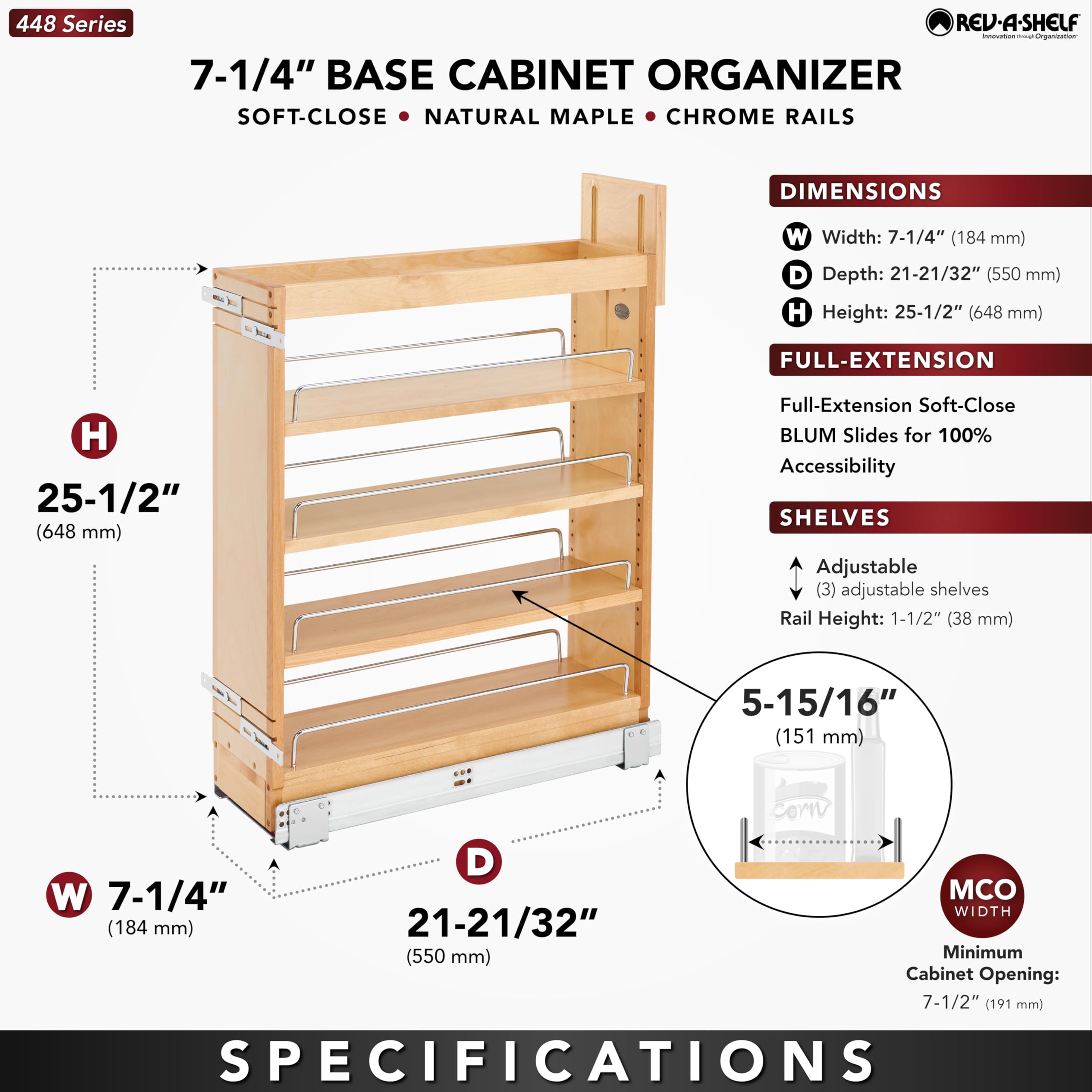 Rev-A-Shelf 7.25" Pullout Storage Organizer for Base Kitchen/Bathroom Cabinets w/Soft-Close Full Extension Slides & Adjustable Shelves, 448-BCSC-6C - Image 3