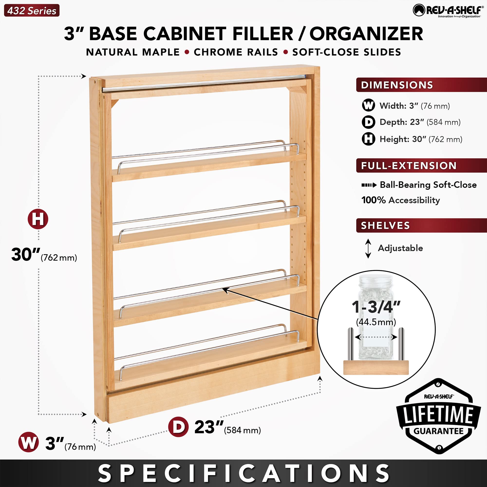 Rev-A-Shelf Base Filler Pullout Organizer Rack for Kitchen and Bathroom Cabinets with 3" Opening, Ball-Bearing Soft-Close Slides, Wood, 432-BFBBSC-3C - Image 3