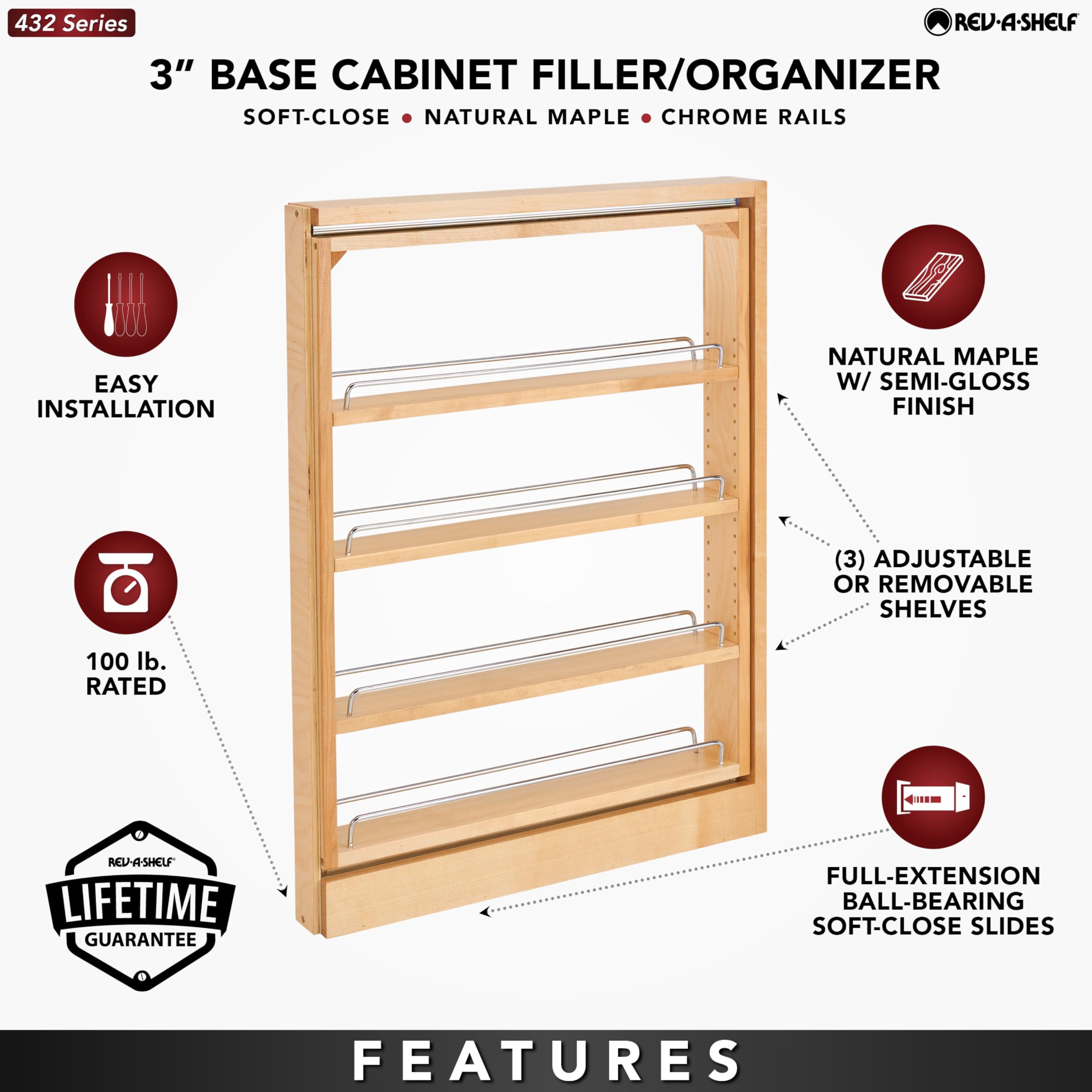 Rev-A-Shelf Base Filler Pullout Organizer Rack for Kitchen and Bathroom Cabinets with 3" Opening, Ball-Bearing Soft-Close Slides, Wood, 432-BFBBSC-3C - Image 5