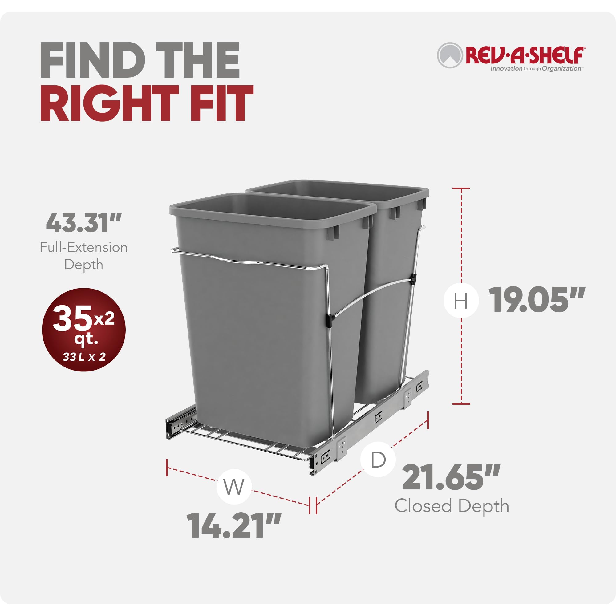 Rev-A-Shelf Double Pullout Trash Can for Kitchen Cabinets 35 Qt Garbage Recycling Bin on Full-Extension Slides, Silver, RV-18KD-17C S - Image 3
