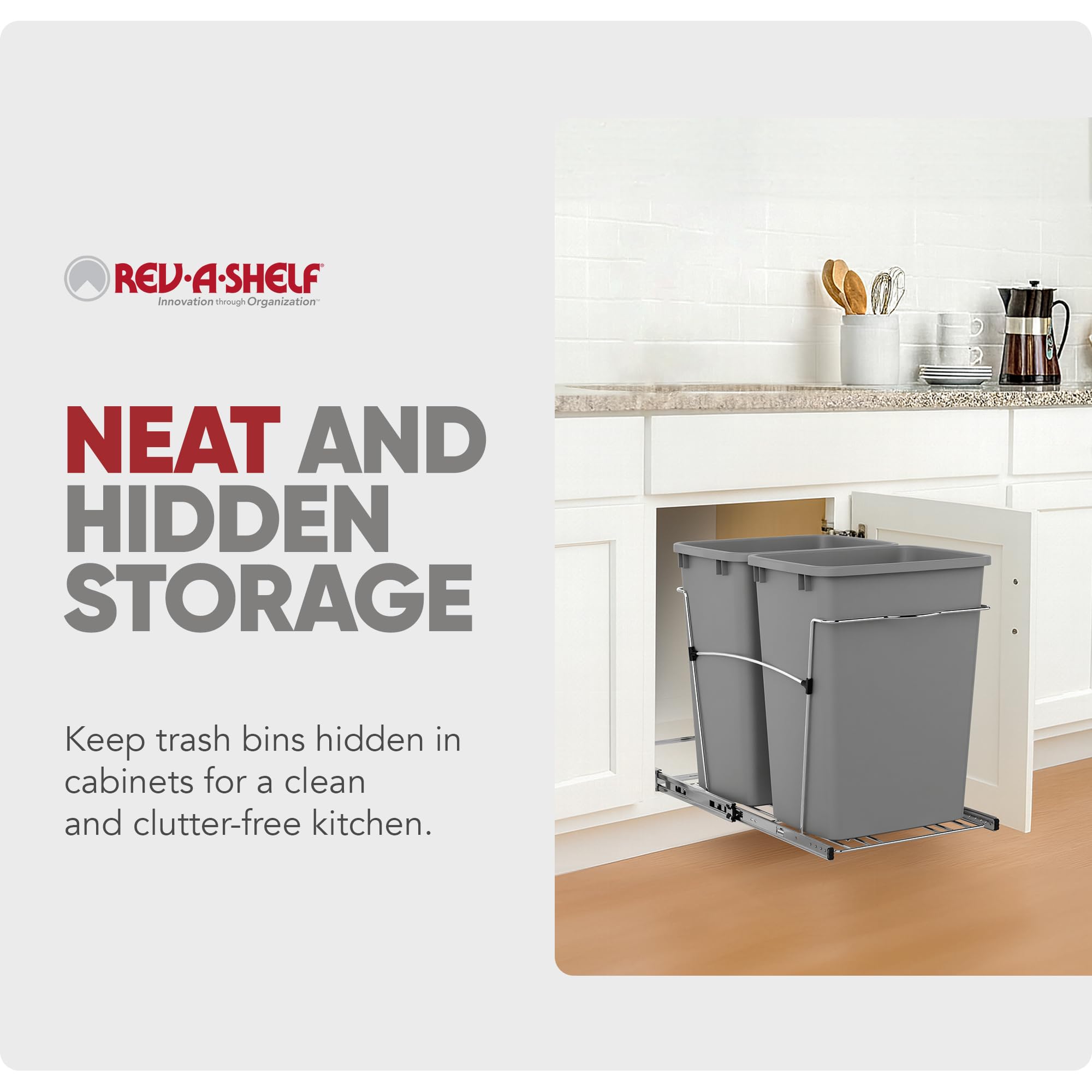 Rev-A-Shelf Double Pullout Trash Can for Kitchen Cabinets 35 Qt Garbage Recycling Bin on Full-Extension Slides, Silver, RV-18KD-17C S - Image 5