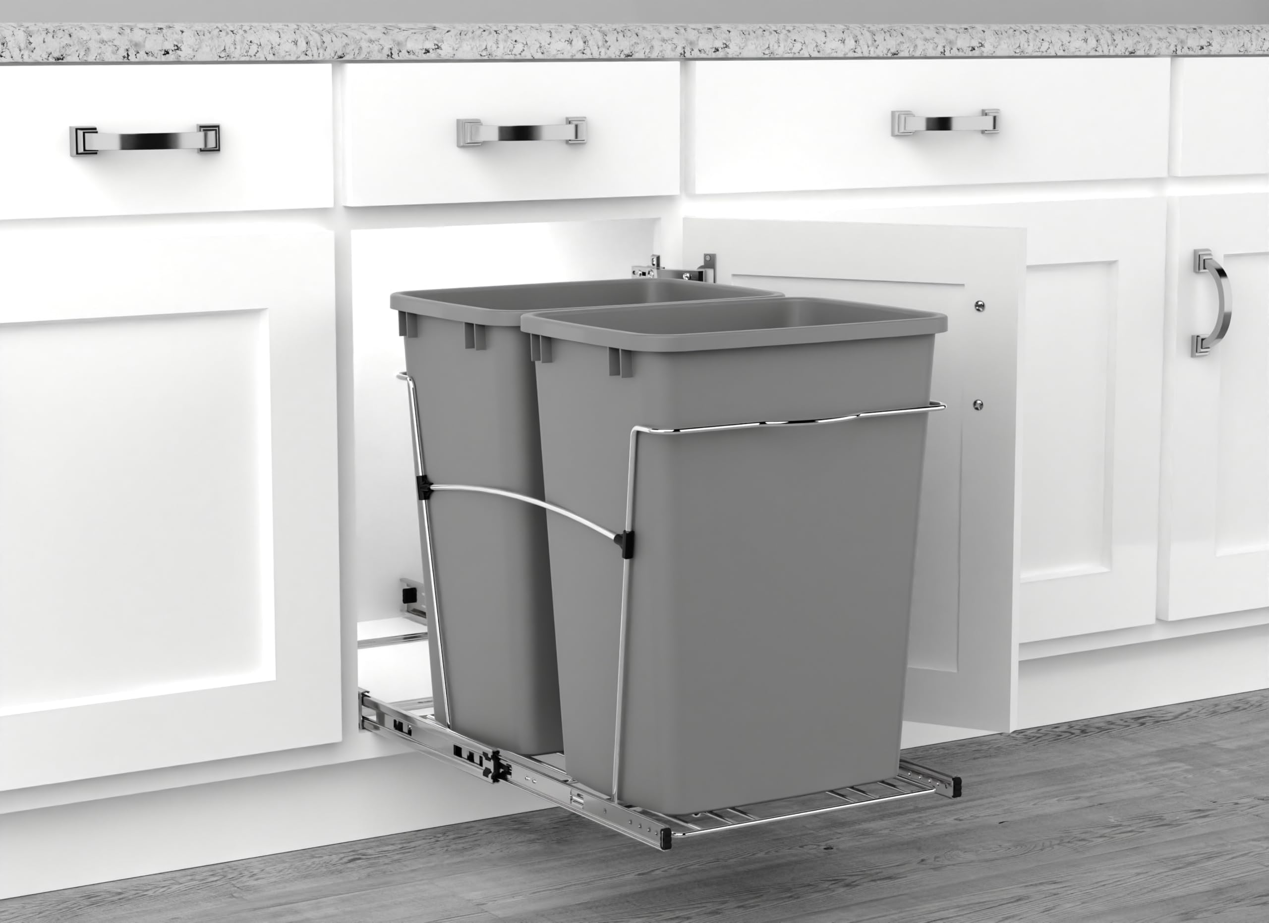 Rev-A-Shelf Double Pullout Trash Can for Kitchen Cabinets 35 Qt Garbage Recycling Bin on Full-Extension Slides, Silver, RV-18KD-17C S - Image 6