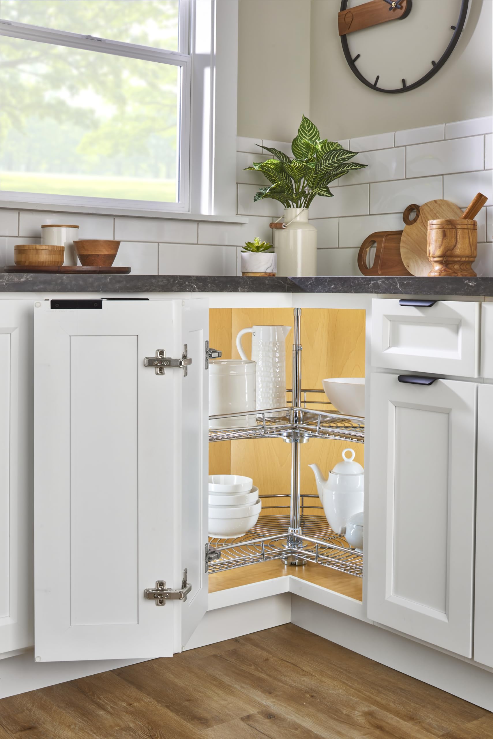 Rev-A-Shelf Dual Shelf Kidney-Shaped Lazy Susan Organizer for Corner Base Kitchen Cabinets, Rotating Turntable Storage Wire Trays, Chrome, 5472-28 CR - Image 9