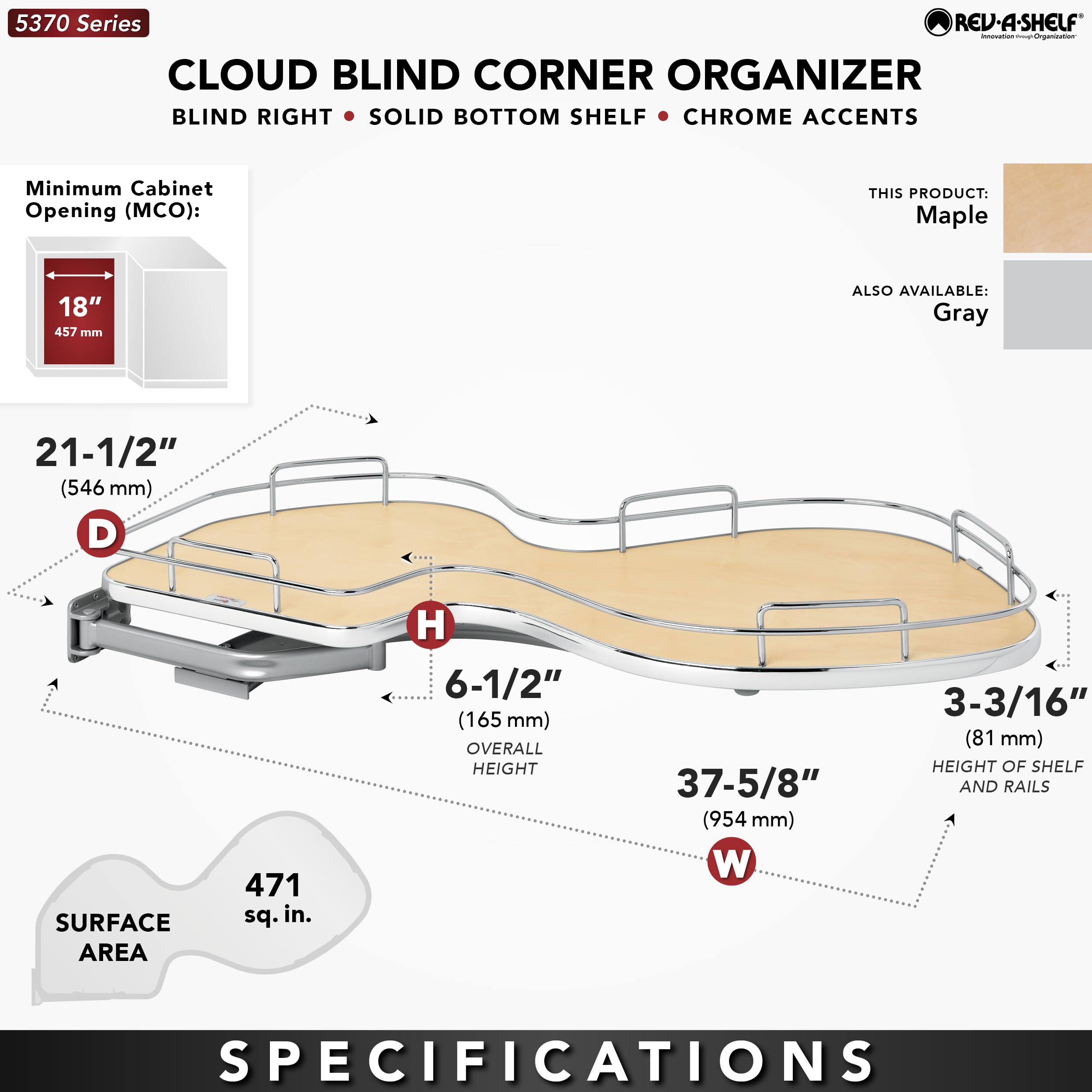 Rev-A-Shelf Maple Solid Bottom Single Shelf for 18" Left Opening/Blind Right Corner Cabinets - Image 4