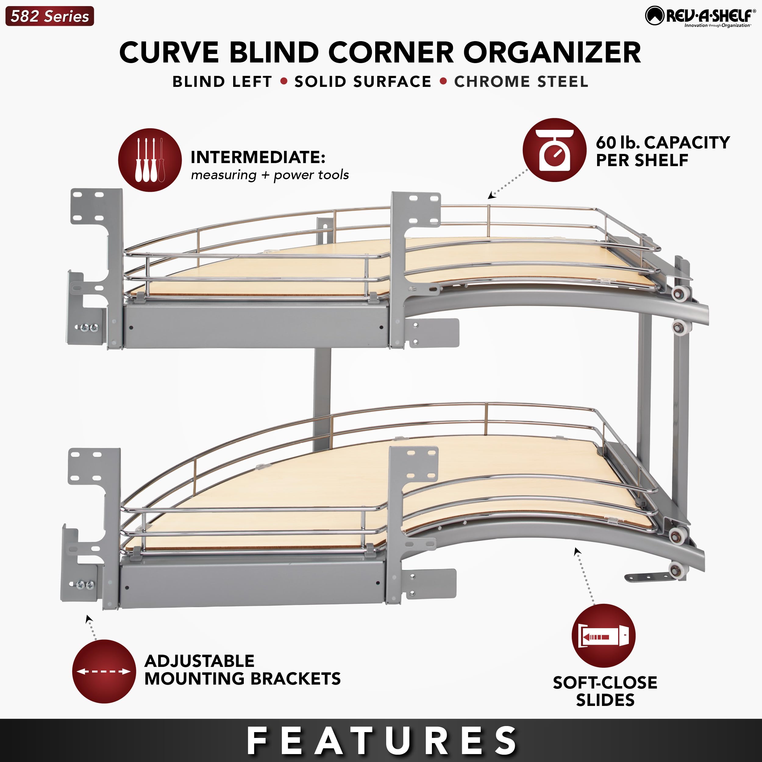 REV-A-Shelf Maple Two-Tier Solid Bottom Curve Optimizer for 18" Left Opening/Blind Right Corner Cabinets - Image 6