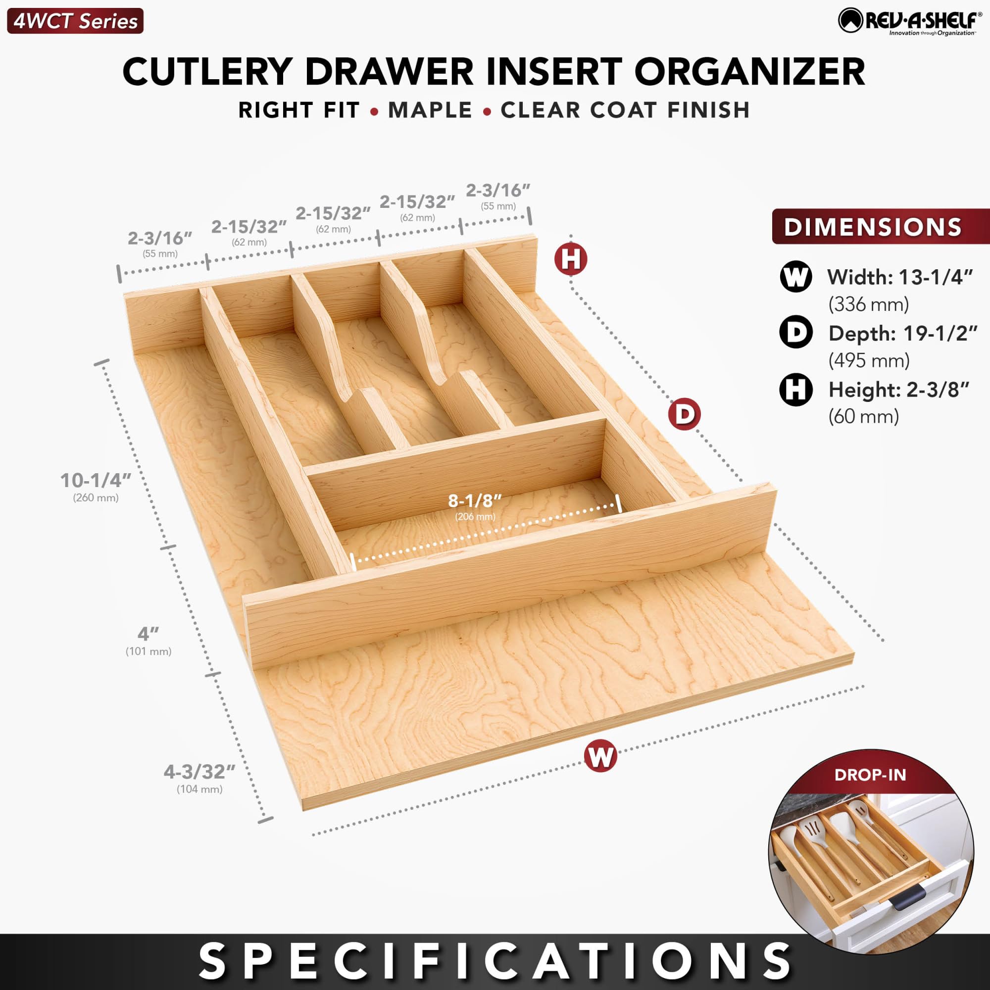 Rev-A-Shelf Natural Maple Right Size Utensil Insert Home Storage Kitchen Organizer 7 Compartment Drawer Accessory, 13-1/4" x 19-1/2", 4WCT-18SH-1 - Image 4