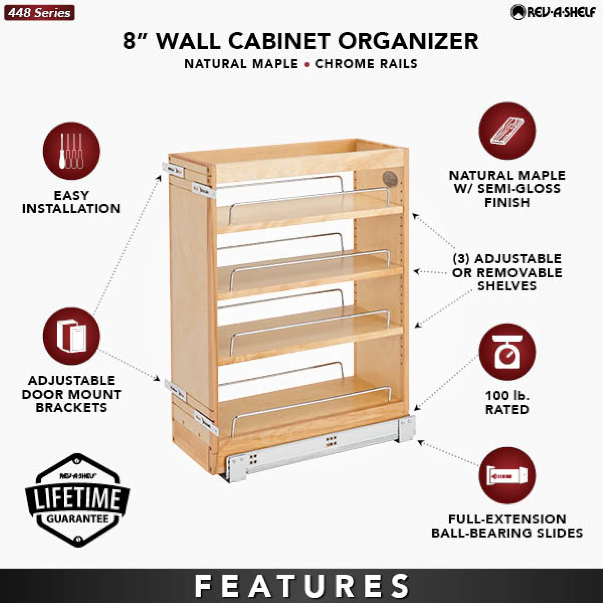 Rev-A-Shelf Pullout Base Cabinet Organizer, Adjustable Shelves for Full Height Kitchen or Vanity Cabinets, Maple Wood, 448-BC19-8C - Image 4