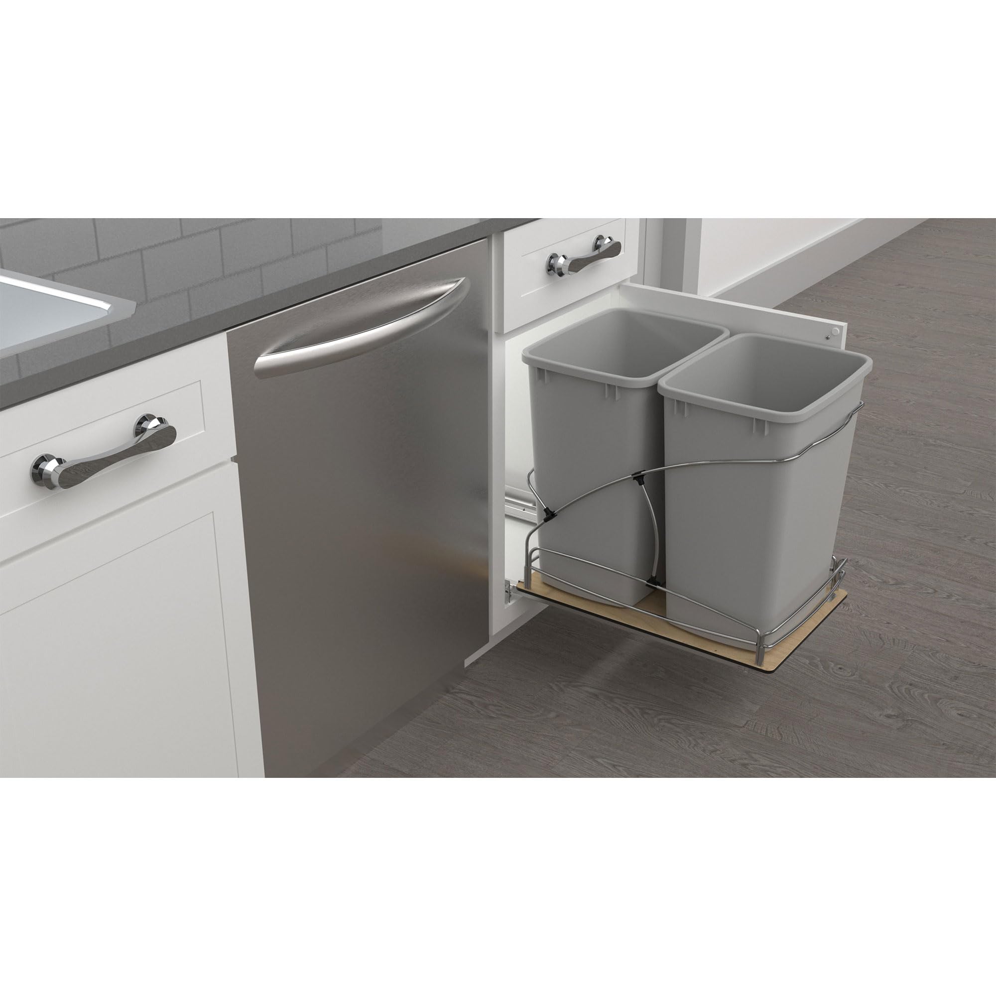 Rev-A-Shelf Steel Bottom Mount Double 35 Quart 8.75 Gallon Waste Bin Trash Container for Under Kitchen Cabinet with Soft Close, Gray, 54WC-1835SC-17-1 - Image 8