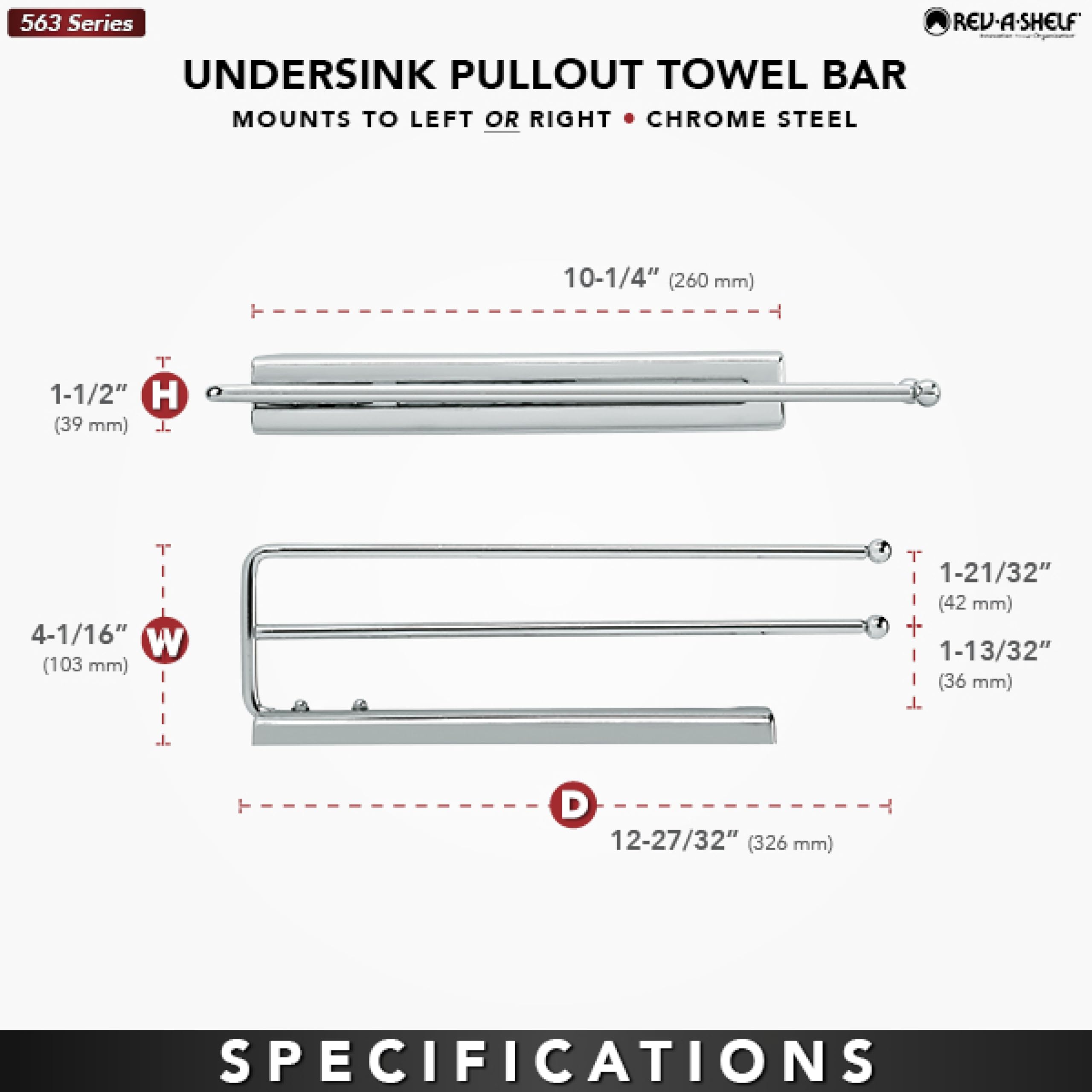 Rev-A-Shelf Under Sink Cabinet Kitchen Bathroom Prong Pullout Extendable 2 Prong Standard Size Towel Bar Organizer, Chrome, 563-51-C - Image 3